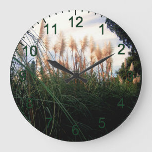 Grande Horloge Ronde White Pampas Grass Blooms Wall Clock