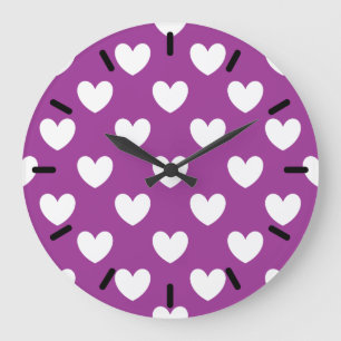 Grande Horloge Ronde White polka hearts on Purple Cactus Flower purple