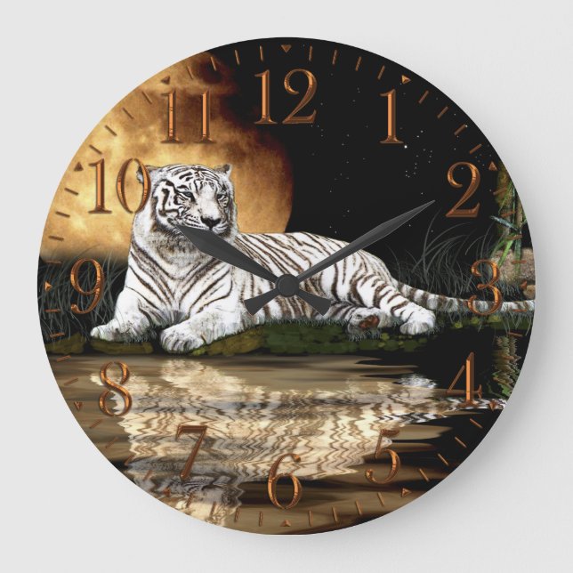 Grande Horloge Ronde White Tiger & Moon Big Cat Animal-Lover Wall Clock (Recto)