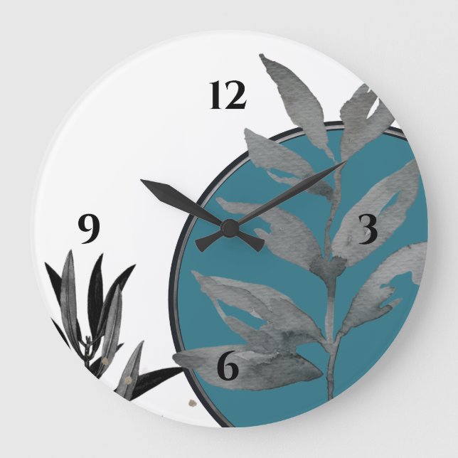 Grande Horloge Ronde White Turquoise & Gray Artistic Watercolor Leaves (Recto)