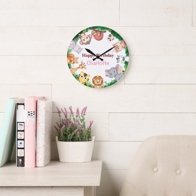 Grande Horloge Ronde Wild One Cute Animaux zoo fête d'anniversaire (Salle de lecture)