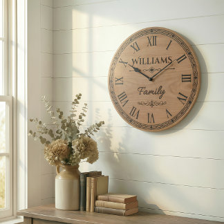 Grande Horloge Ronde Williams Family Wall Clock – Wooden Style Decor 