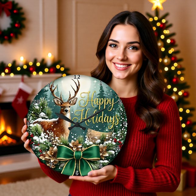 Grande Horloge Ronde Winter Deer Happy Holidays (Créateur téléchargé)