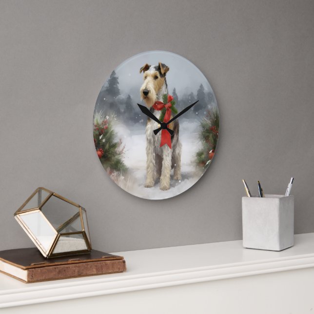 Grande Horloge Ronde Wirefox Terrier Chien de Noël de neige (Bureau)