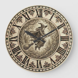 Grande Horloge Ronde Witch Forest Wall Clock | Wood-Burned Style