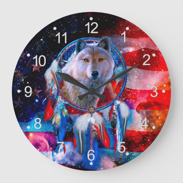 Grande Horloge Ronde Wolf et Dreamcatcher en drapeau américain (Recto)