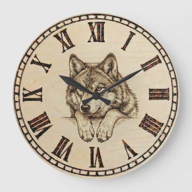 Grande Horloge Ronde Wolf Wall Clock – Wood-Burned Style (Recto)