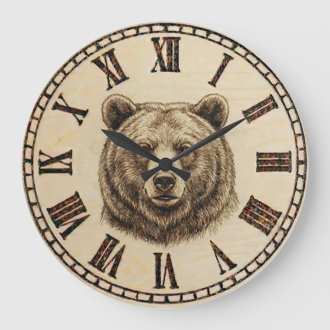 Grande Horloge Ronde Wood Burned Bear Rustic Wall Clock (Recto)
