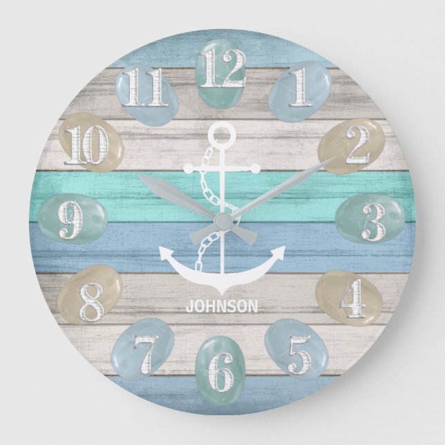 Grande Horloge Ronde Wood - Sea Glass / Nautical / Anchor Large Clock (Recto)