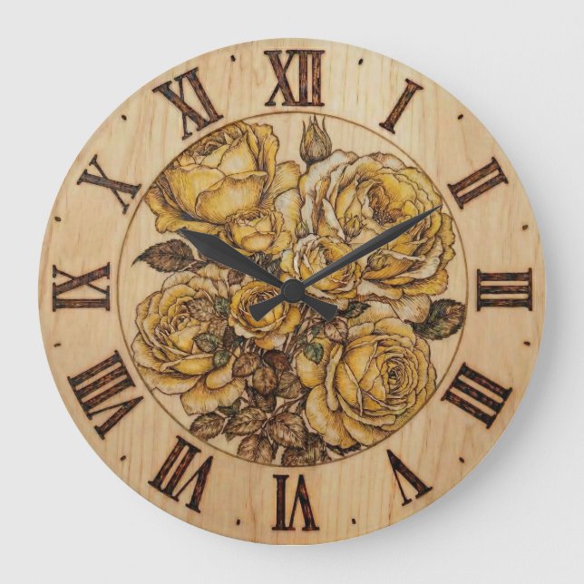 Grande Horloge Ronde Wooden Wall Clock Roses (Recto)