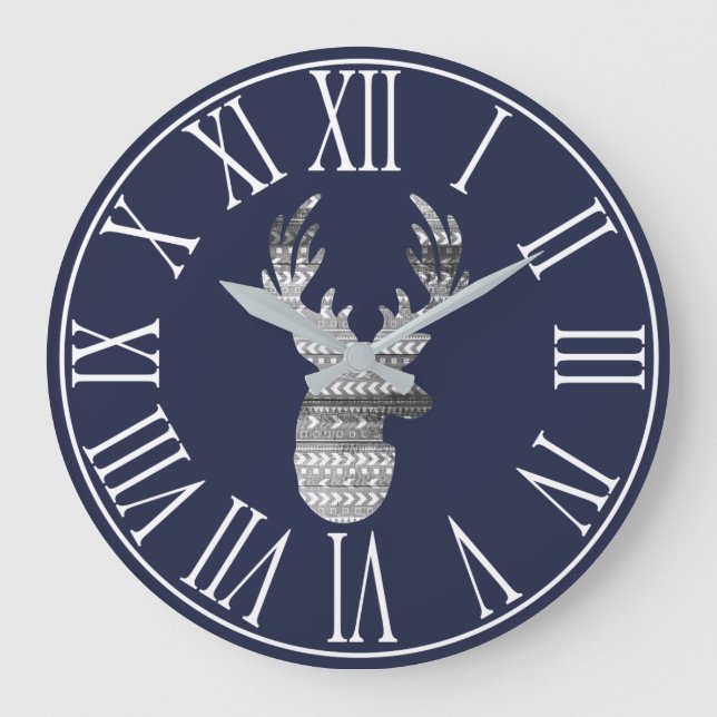Grande Horloge Ronde Woodland Rustic Gray Deer & Navy Blue (Recto)