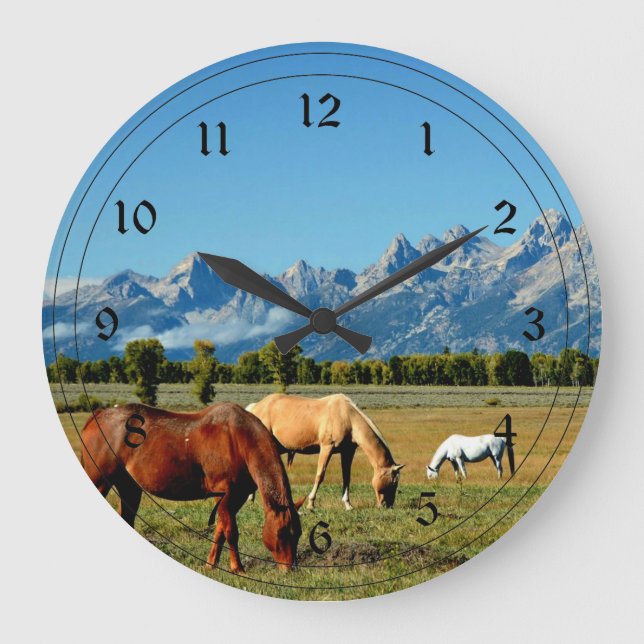 Grande Horloge Ronde Wyoming, Teton Mountains, avec Horses Grazing (Recto)