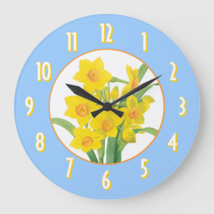 Grande Horloge Ronde Yellow Daffodils on Blue Floral Wall Clock
