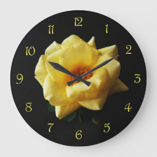Grande Horloge Ronde Yellow Rose On Black Yellow Script Numbers
