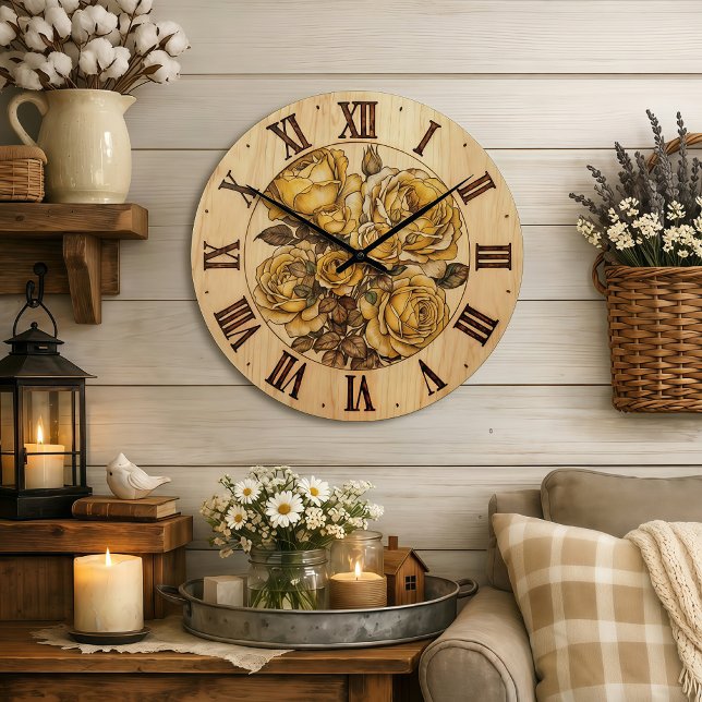 Grande Horloge Ronde Yellow Roses - Wall Clock  (Créateur téléchargé)