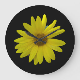 Grande Horloge Ronde Yellow Sunflower on black background