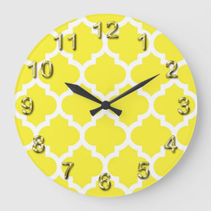 Grande Horloge Ronde Yellow White Moroccan Quatrefoil Pattern #5