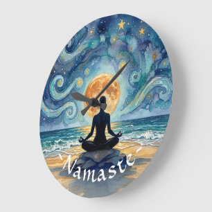 Grande Horloge Ronde Yoga Méditation Ciel Nocturne Étoilé Lune Plage Oc