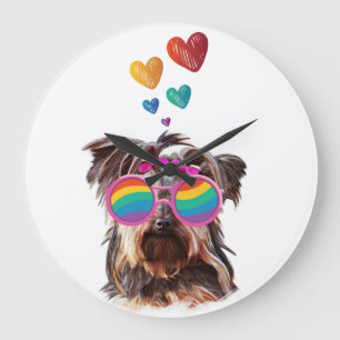 Grande Horloge Ronde Yorkie Chien avec Coeurs Saint-Valentin