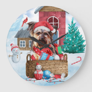 Grande Horloge Ronde Yorkshire Terrier Chien dans la neige Maison de ch