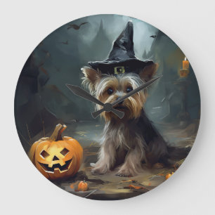 Grande Horloge Ronde Yorkshire Terrier Citrouilles Halloween effrayant