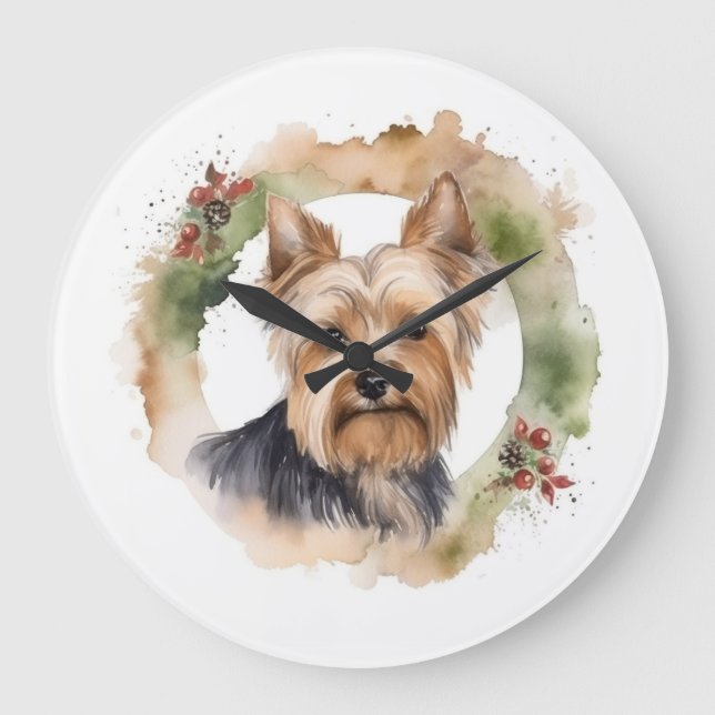 Grande Horloge Ronde Yorkshire Terrier Fête de la couronne de Noël Coup (Recto)