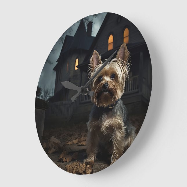 Grande Horloge Ronde Yorkshire Terrier Halloween effrayant (Angle)