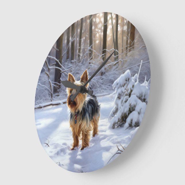 Grande Horloge Ronde Yorkshire Terrier Laisser Neige Noël (Angle)