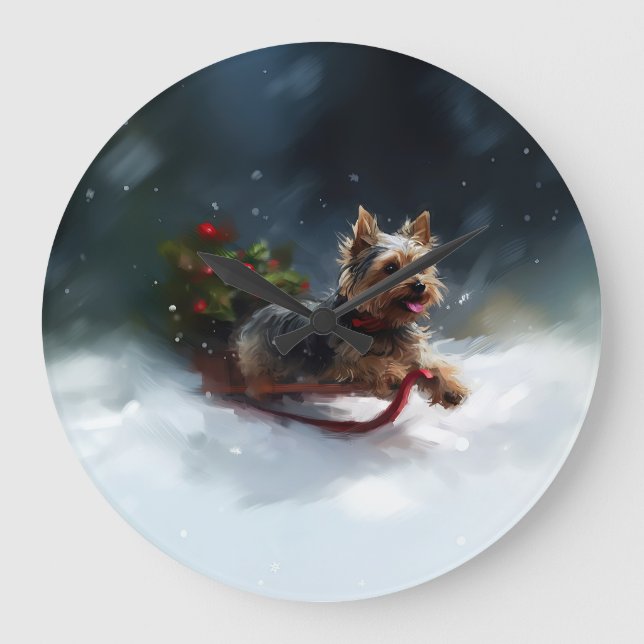 Grande Horloge Ronde Yorkshire Terrier neige de Noël hiver (Recto)