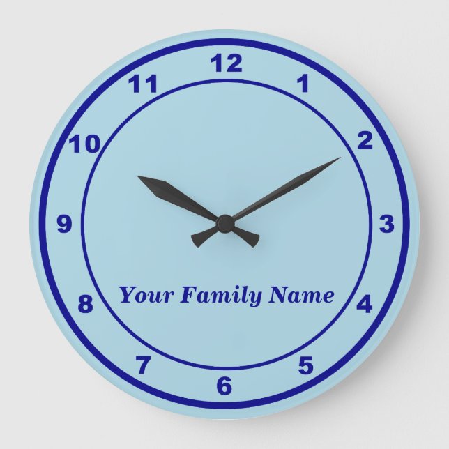 Grande Horloge Ronde Your Family Name on Light Blue Round Wall Clock (Recto)