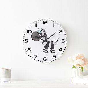 Grande Horloge Ronde Zèbre de dessin animé mignon personnage d'animal d