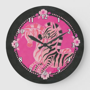 Grande Horloge Ronde Zèbres Rose Féminin sur Fond Noir