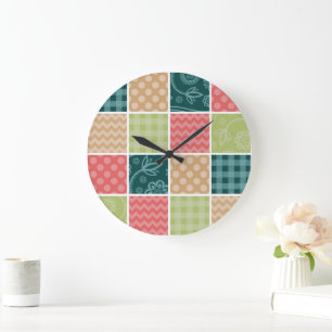 Grande Horloge Ronde Zigzag, Chevron, En vichy, Pois, Patchwork