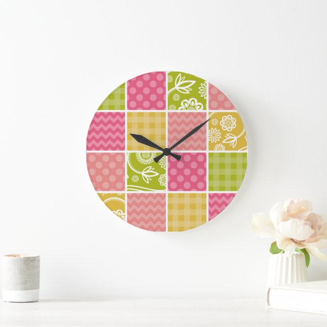 Grande Horloge Ronde Zigzag, Chevron, Pois, En vichy, Patchwork (Maison)