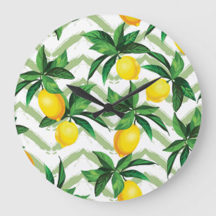 Grande Horloge Ronde Zigzag citron : motif vintage à la main.
