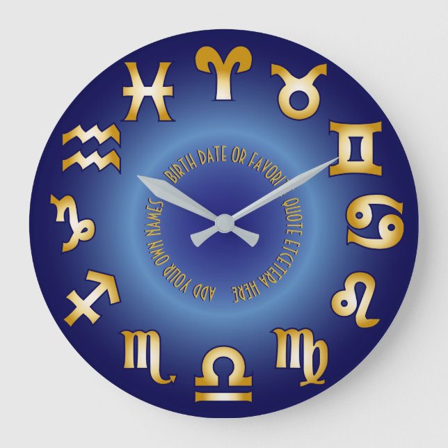 Grande Horloge Ronde Zodiac Blue Gold Monogramme Ajouter Votre Propre T (Recto)