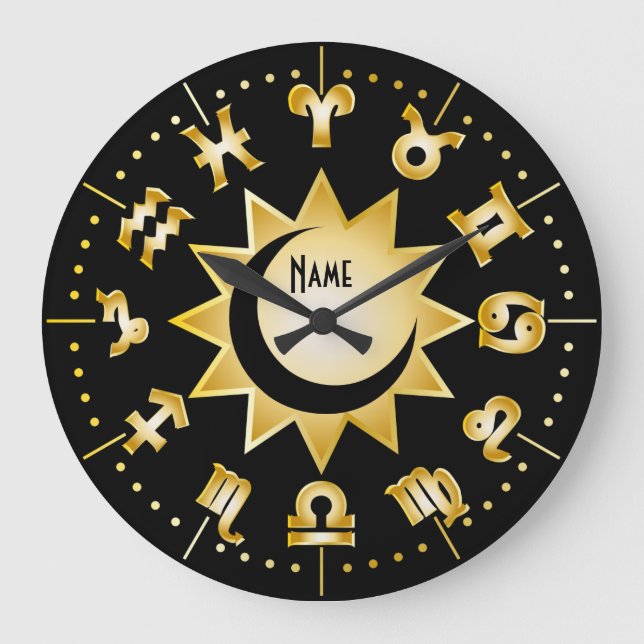Grande Horloge Ronde Zodiac Monogram Black Gold Sun Moon Ajouter votre  (Recto)