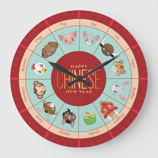 Grande Horloge Ronde Zodiaque chinois avec de mignons caractères Horlog (Recto)
