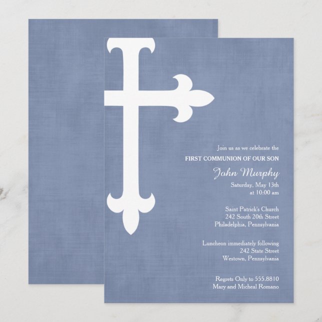 Grande invitation religieuse croisée, Bleu (Devant / Derrière)