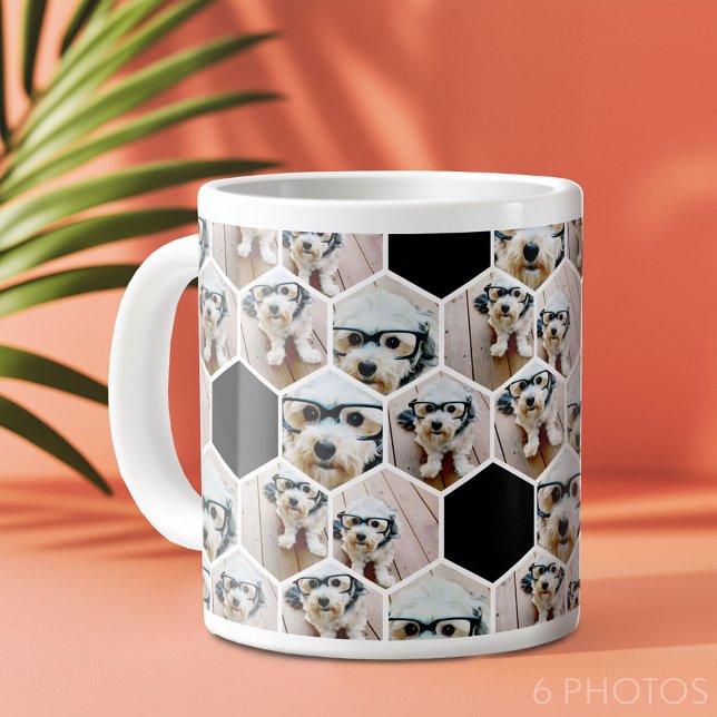 Grande Tasse 6 Photo Collage - motif hexagone funky (6 photo personalized coffee mug in a fun hexagon pattern)