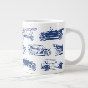 Grande Tasse Ancien Motif de voiture Bleu Blanc Vintage