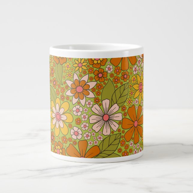 Grande Tasse Années 1960, 1970 Vert & Orange Retro Floral (Devant)