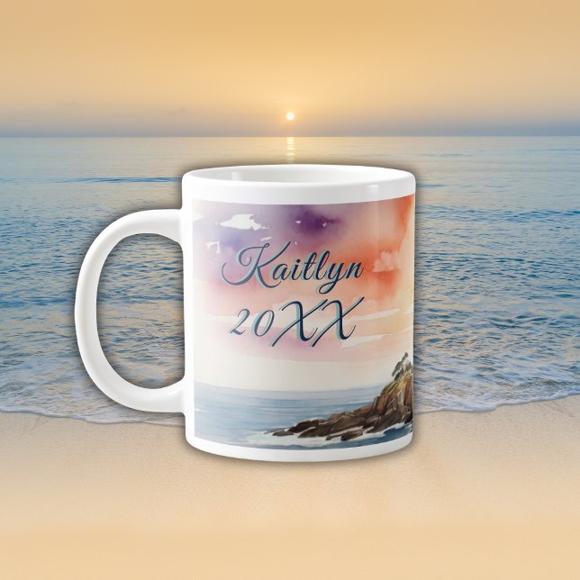 Grande Tasse Aquarelle croquis Byron Bay Lighthouse Monogramme  (Créateur téléchargé)