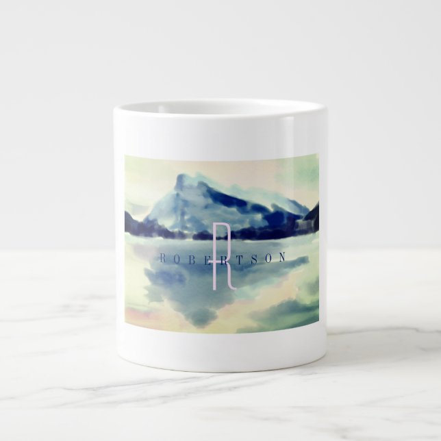 Grande Tasse Aquarelle moderne Marine Blue Mountain Monogramme (Devant)