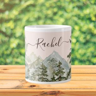 Grande Tasse Aquarelle Pine Forêt et montagne Rustique