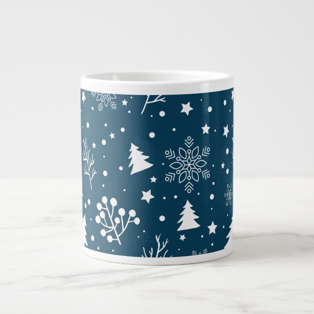 Grande Tasse Arbres de Noël Bleus et Blancs, Snowflakes (Devant)
