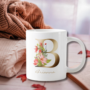 Grande Tasse B Lettre or Monogramme   Floral vert orange rouge