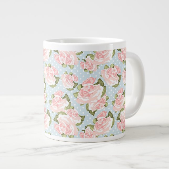 Grande Tasse Beau motif rose aux pois bleus (Devant droit)