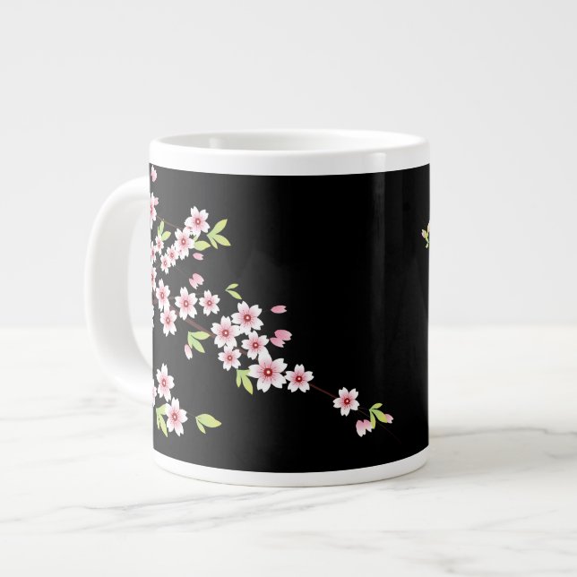 Grande Tasse Black avec rose et vert cerisier en fleurs Sakura (Devant gauche)