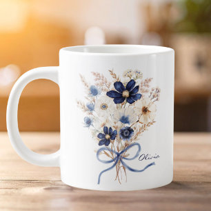 Grande Tasse Bouquet de fleurs bleu marine aquarelle personnali